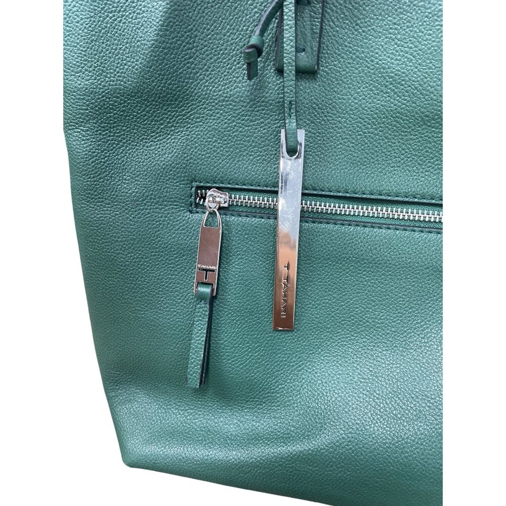 Tahari Womans Green Pebbled Leather Tote HandBag Silver Charm SKU 9355 - Picture 3 of 16